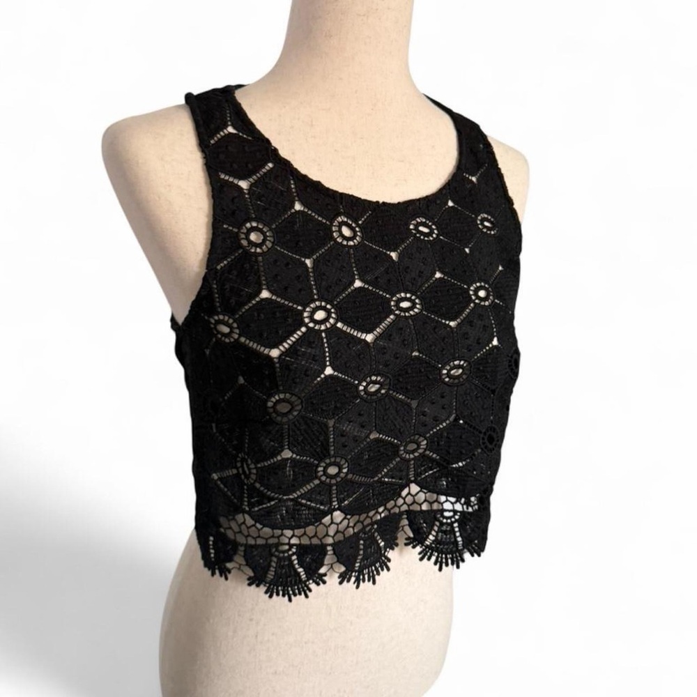 Boho Black Crochet Lace Crop Top Sheer Festival Hippie Cami Racerback Size M